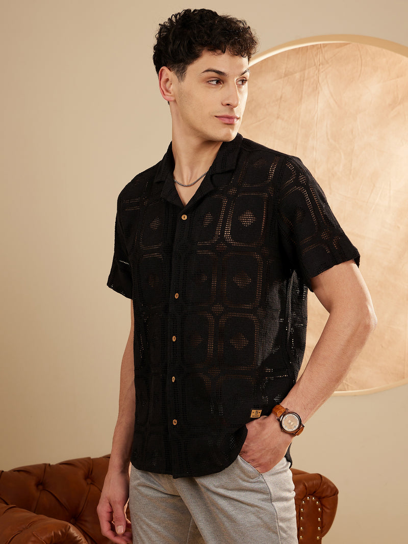Black: Half Sleeves Semi Sheer crochet Shirt