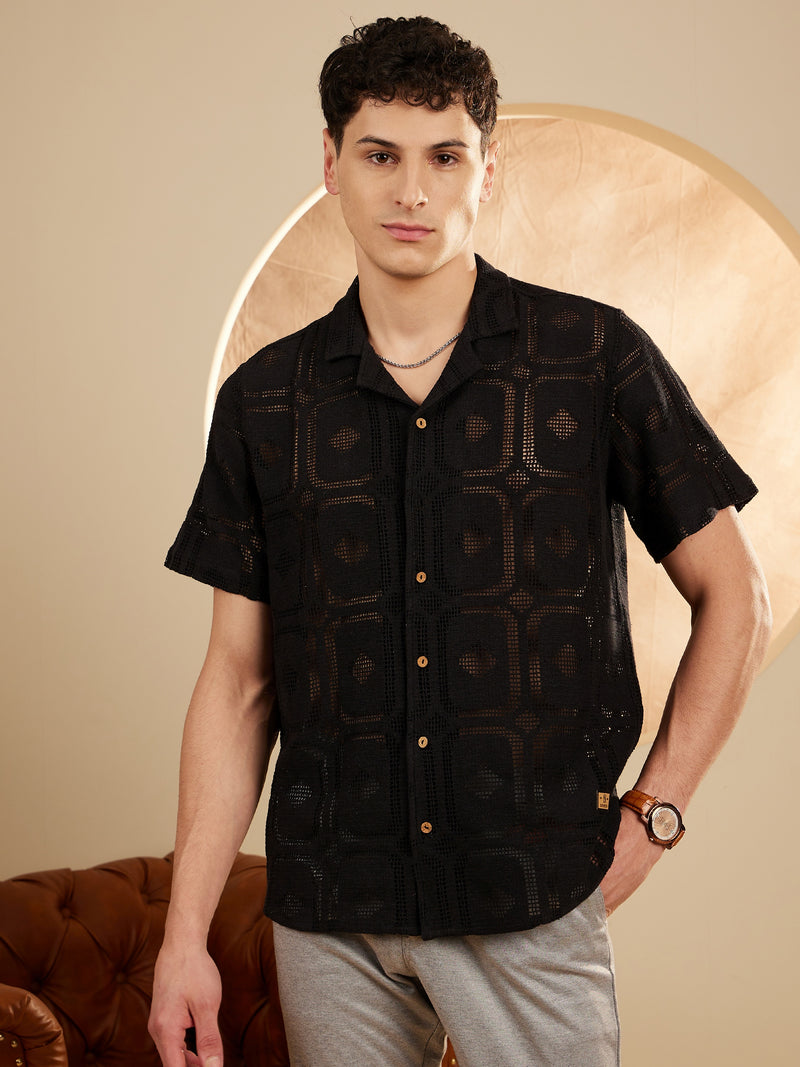 Black: Half Sleeves Semi Sheer crochet Shirt