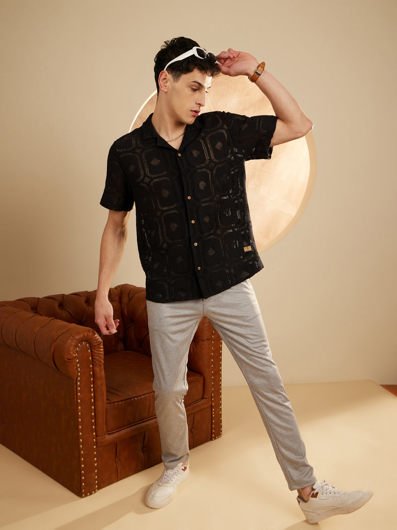 Black: Half Sleeves Semi Sheer crochet Shirt