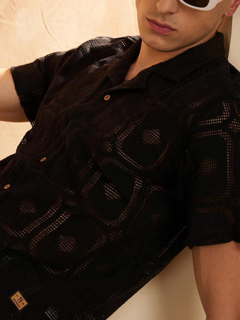 Black: Half Sleeves Semi Sheer crochet Shirt
