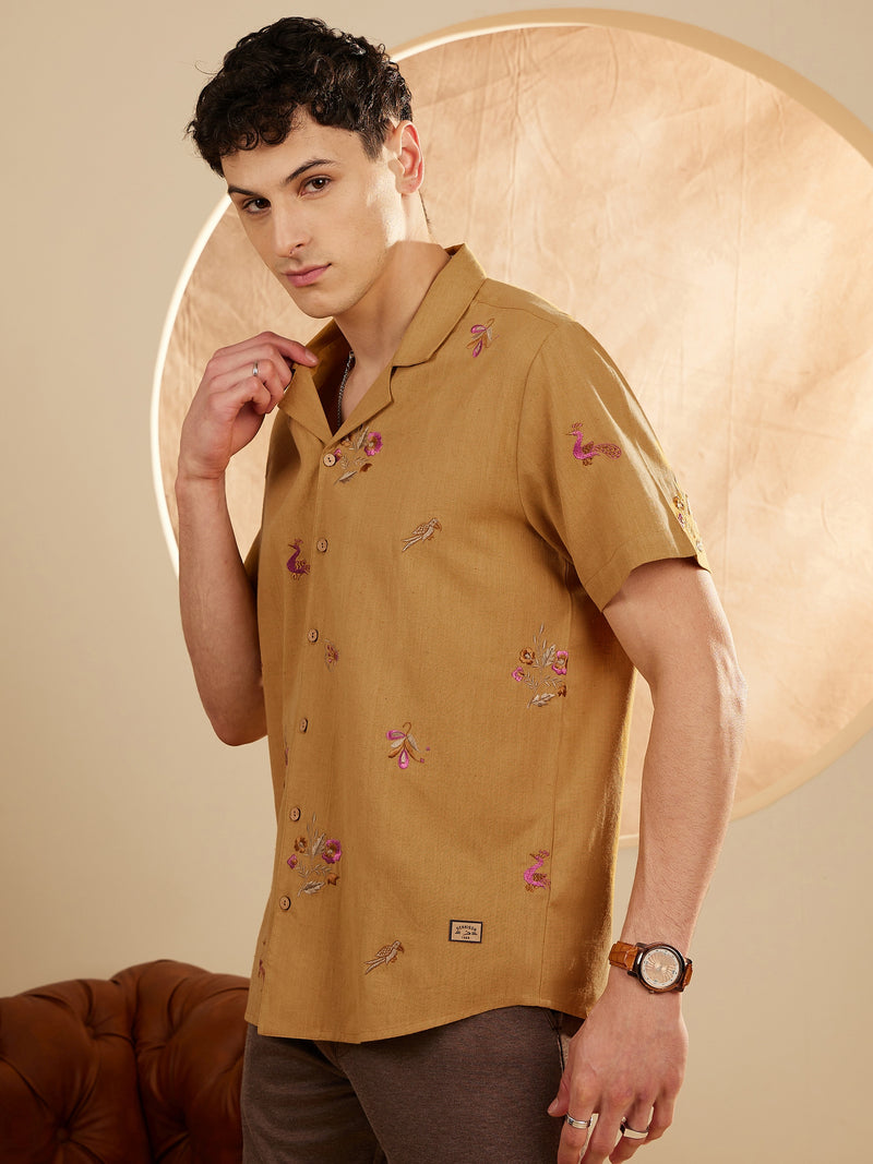 Mustard: Half Sleeves Embroidery Casual Shirt