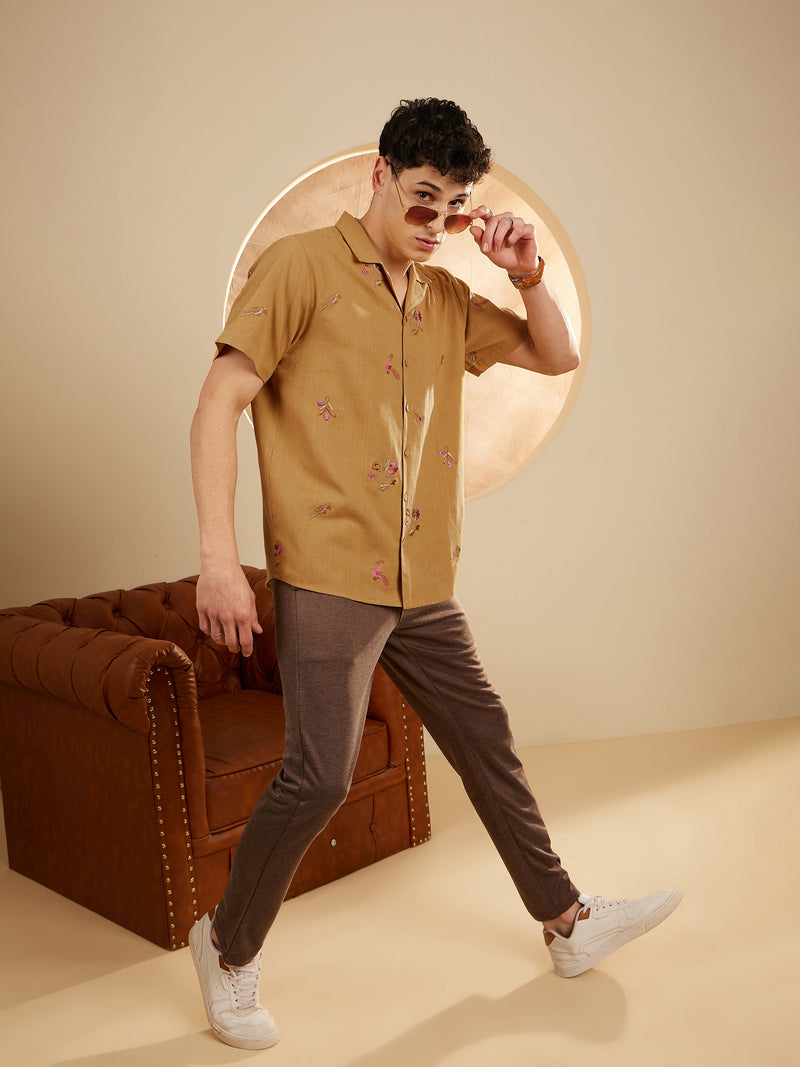 Mustard: Half Sleeves Embroidery Casual Shirt