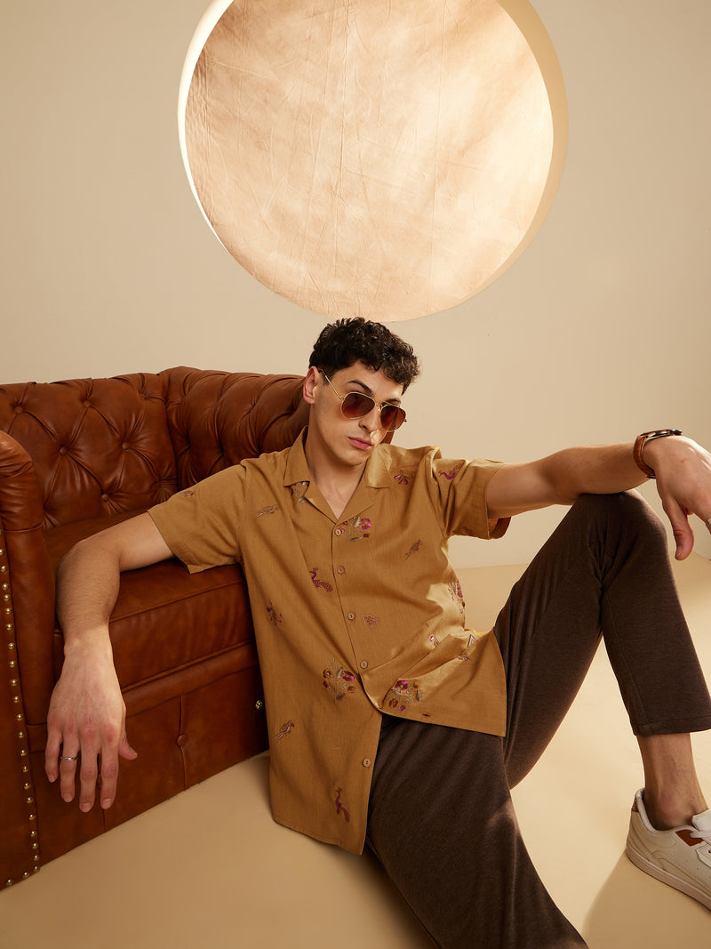 Mustard: Half Sleeves Embroidery Casual Shirt