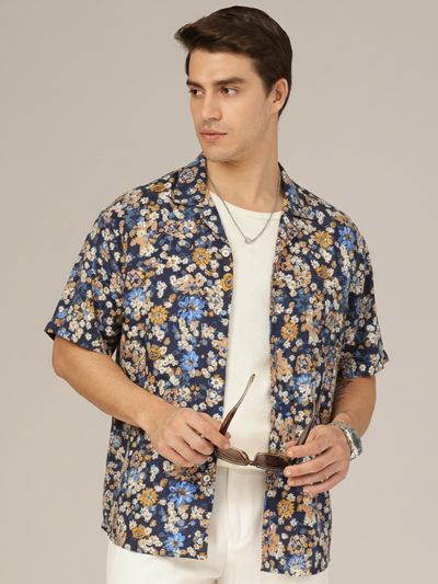 DENNISON Dennison Navy Blue and Beige Color Cuban Collar Shirt