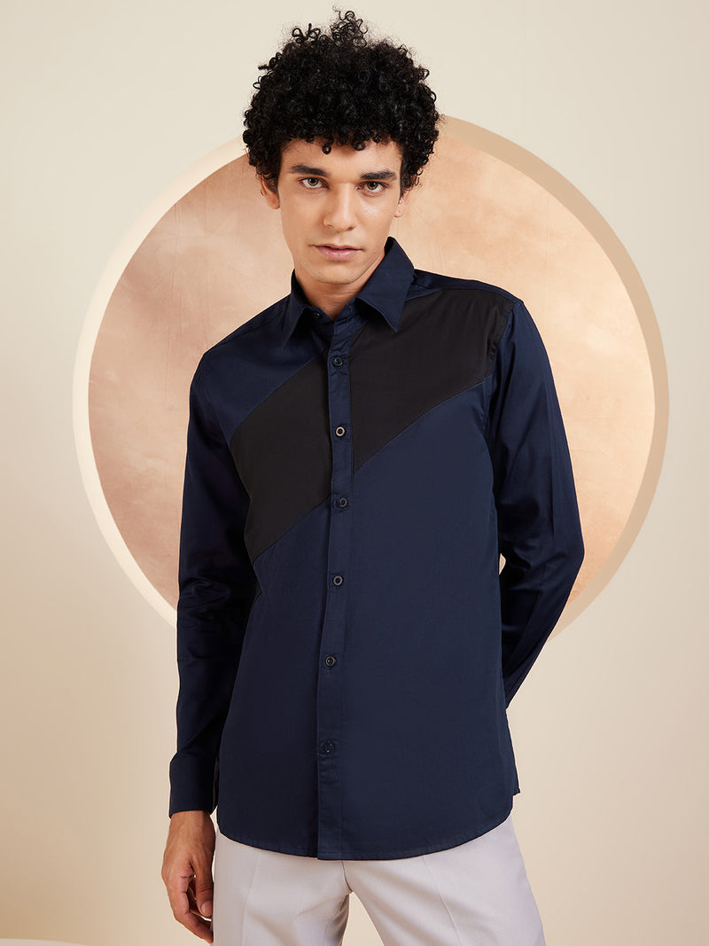navy blue: Full Sleeves Colorblocked Cotton Casual Shirt