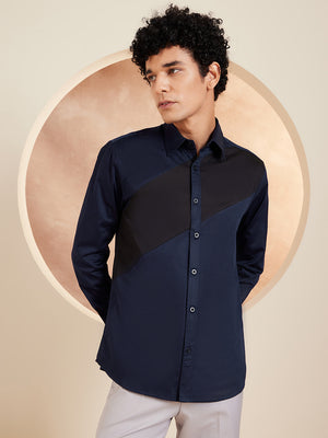 navy blue: Full Sleeves Colorblocked Cotton Casual Shirt