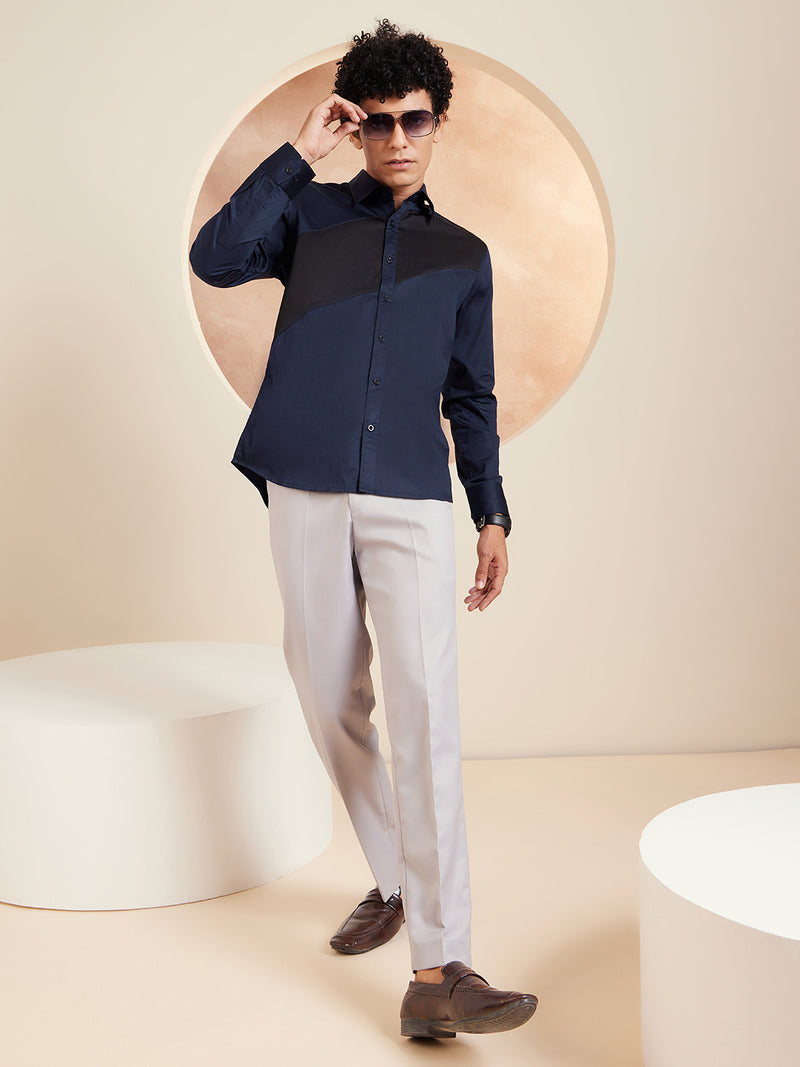 navy blue: Full Sleeves Colorblocked Cotton Casual Shirt