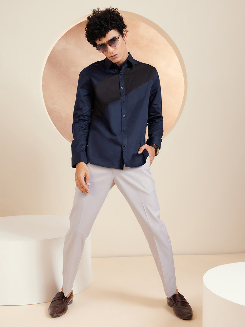 navy blue: Full Sleeves Colorblocked Cotton Casual Shirt