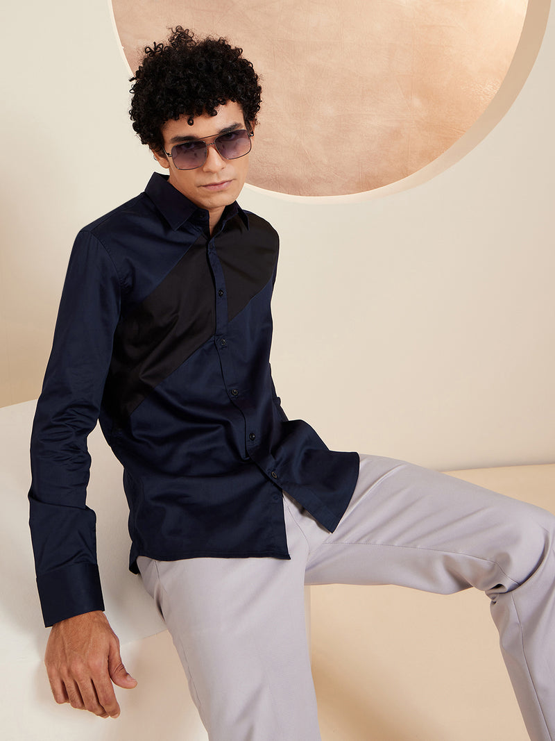 navy blue: Full Sleeves Colorblocked Cotton Casual Shirt