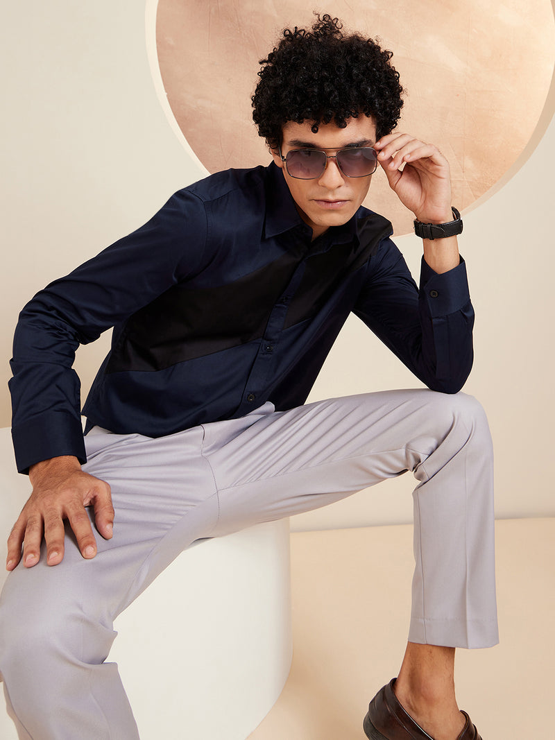 navy blue: Full Sleeves Colorblocked Cotton Casual Shirt