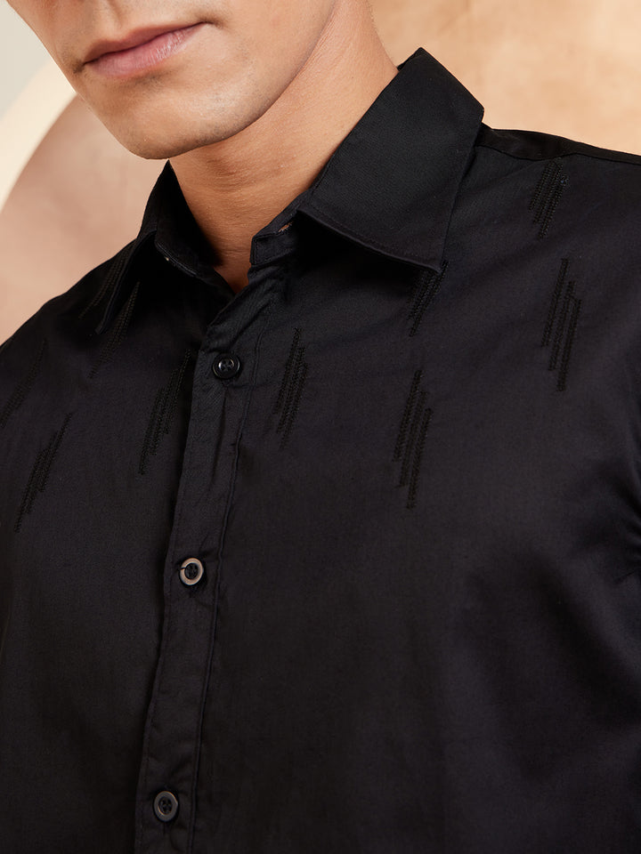 DENNISON Smart Self Design Embroidered Spread Collar Long Sleeve Cotton Shirt