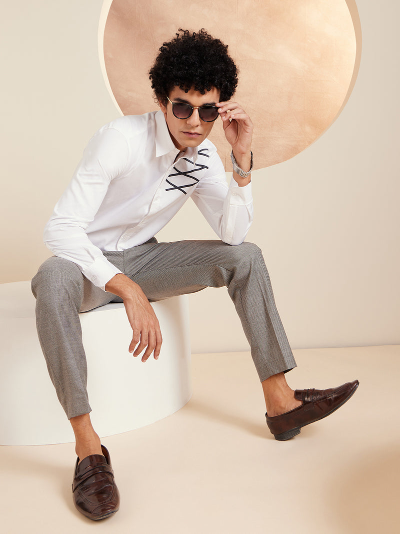 DENNISON Grey Men textured Smart Tapered Fit Easy Wash Formal Trousers
