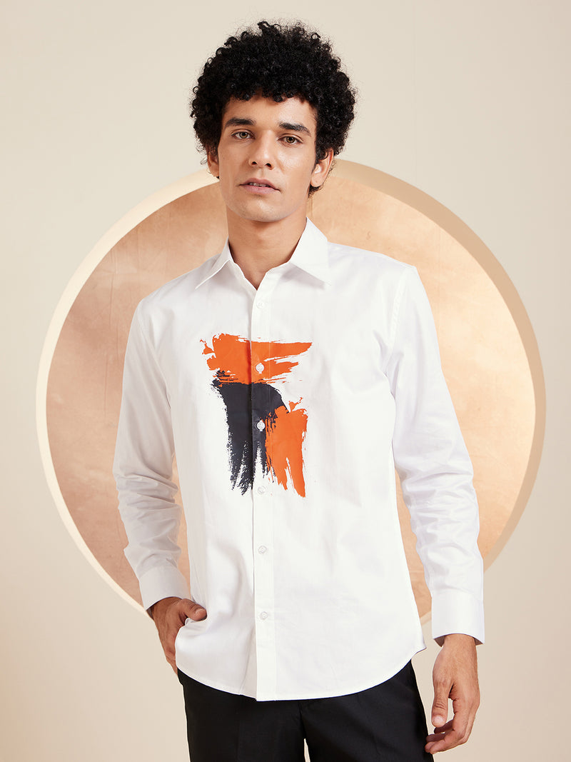 White & Orange: Printed Spread Collar Cotton Shirt