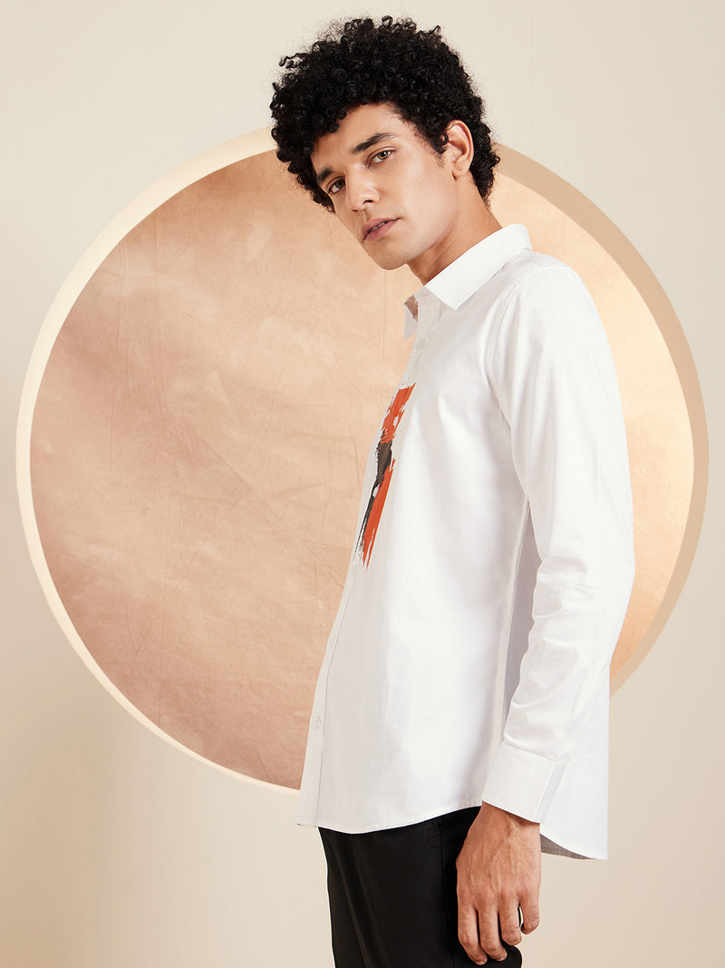 White & Orange: Printed Spread Collar Cotton Shirt