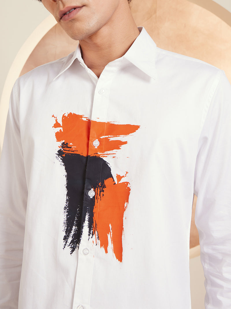 White & Orange: Printed Spread Collar Cotton Shirt