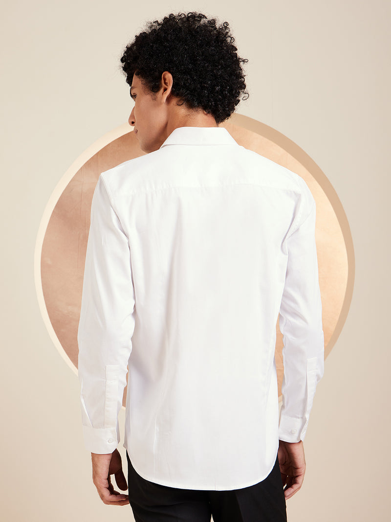 White & Orange: Printed Spread Collar Cotton Shirt
