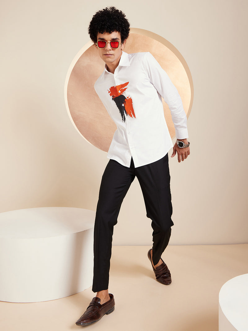 White & Orange: Printed Spread Collar Cotton Shirt