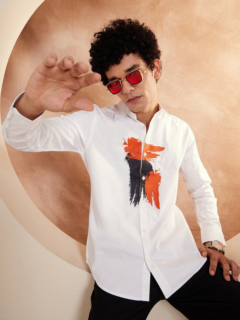 White & Orange: Printed Spread Collar Cotton Shirt
