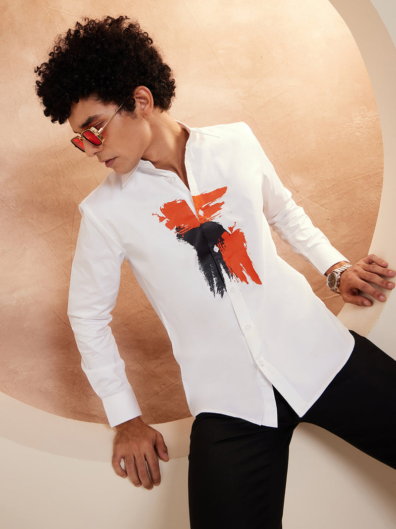 White & Orange: Printed Spread Collar Cotton Shirt