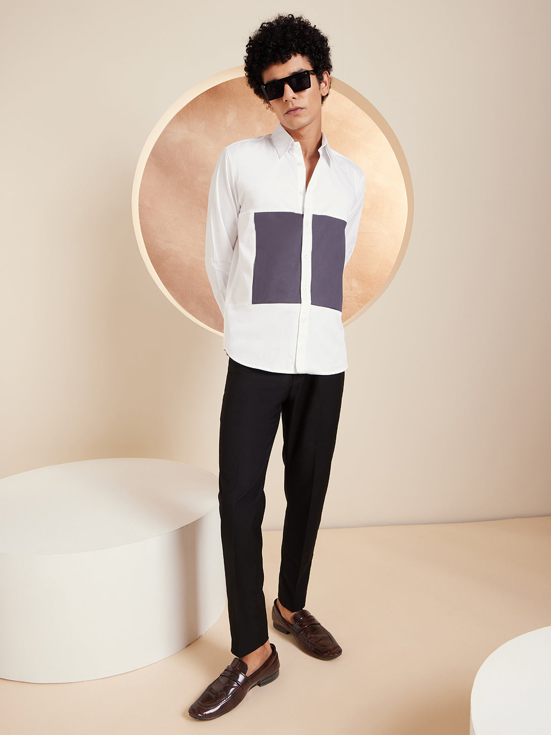 DENNISON White & Grey Smart Colorblocked Cotton Casual Shirt