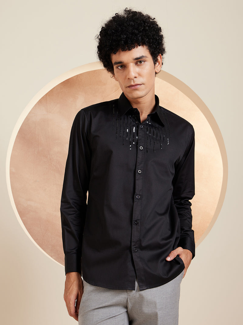 Black: Full Sleeves Spread Collar Embellished Shirt