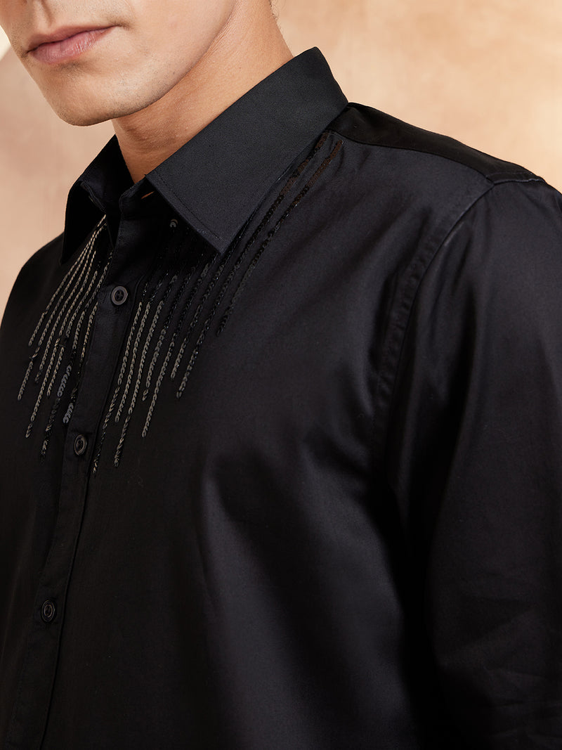 Black: Full Sleeves Spread Collar Embellished Shirt