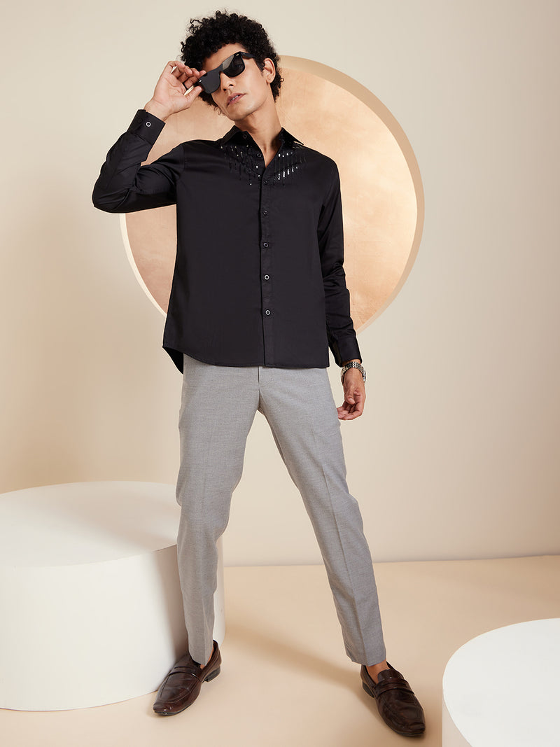 Black: Full Sleeves Spread Collar Embellished Shirt
