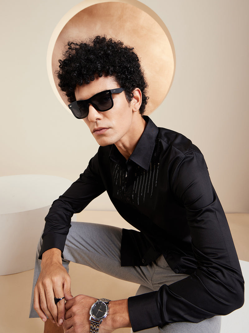 Black: Full Sleeves Spread Collar Embellished Shirt