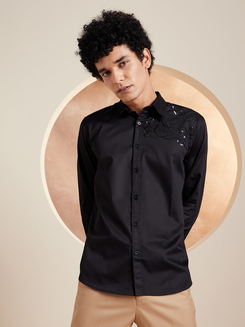 Black: Full Sleeves Sequened Cotton Party Shirt