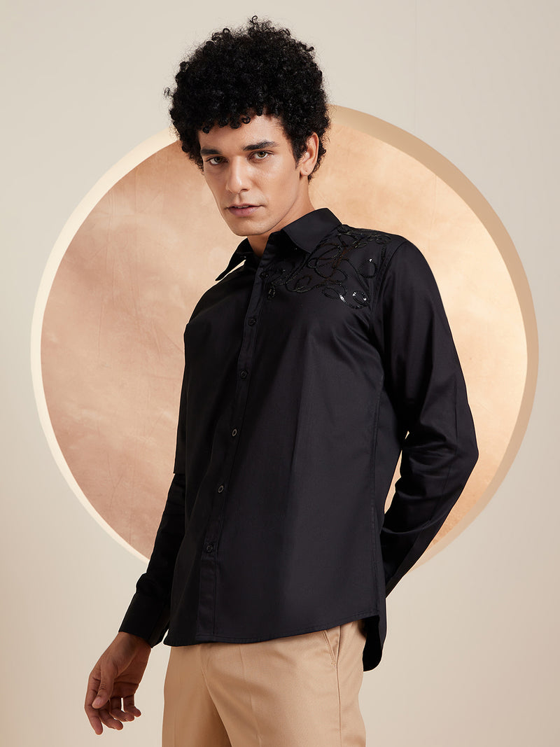 Black: Full Sleeves Sequened Cotton Party Shirt