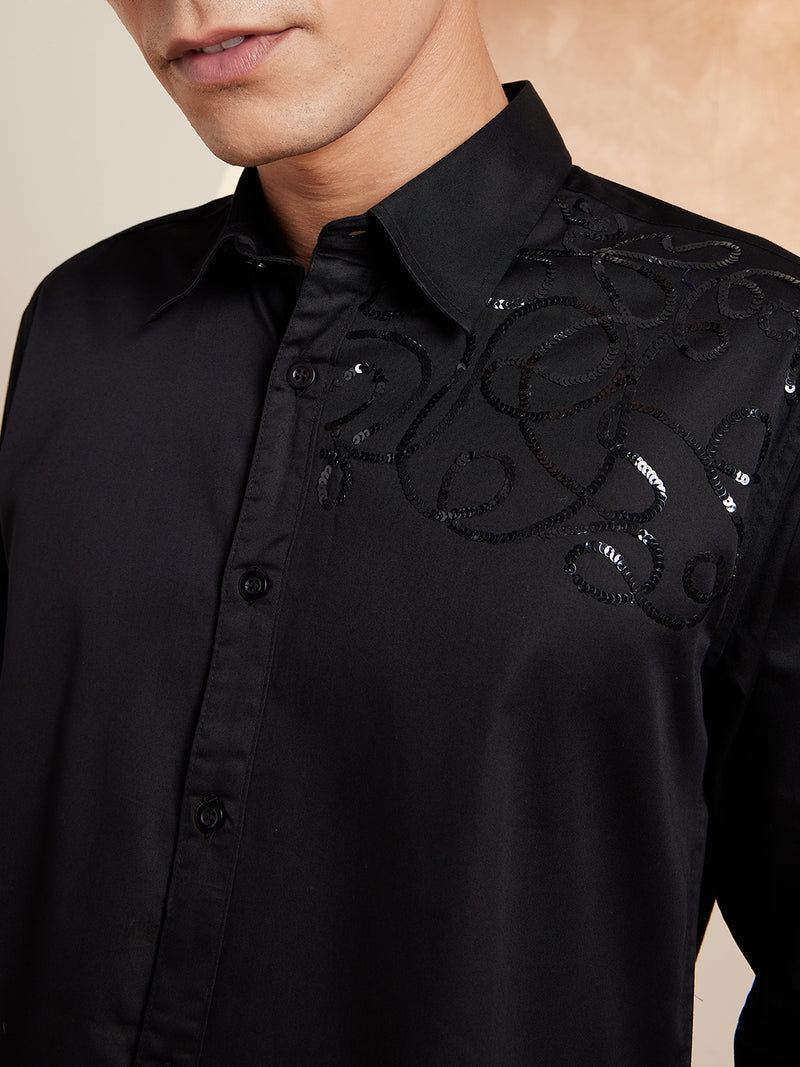 Black: Full Sleeves Sequened Cotton Party Shirt