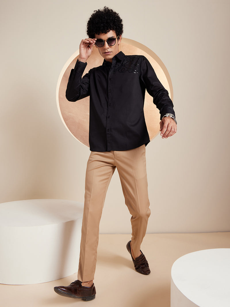 Black: Full Sleeves Sequened Cotton Party Shirt