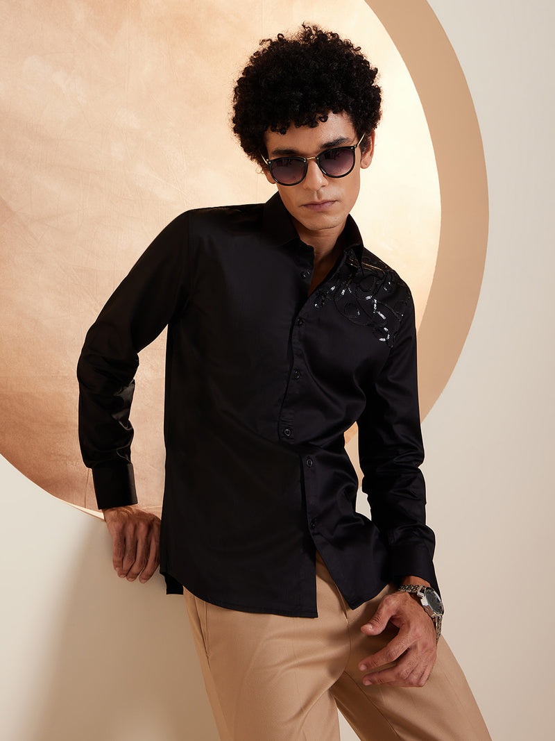 Black: Full Sleeves Sequened Cotton Party Shirt