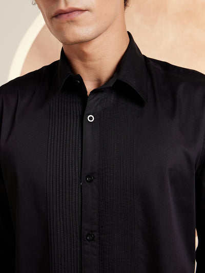 Black: Full Sleeves Pin Tucks Cotton Casual Shirt