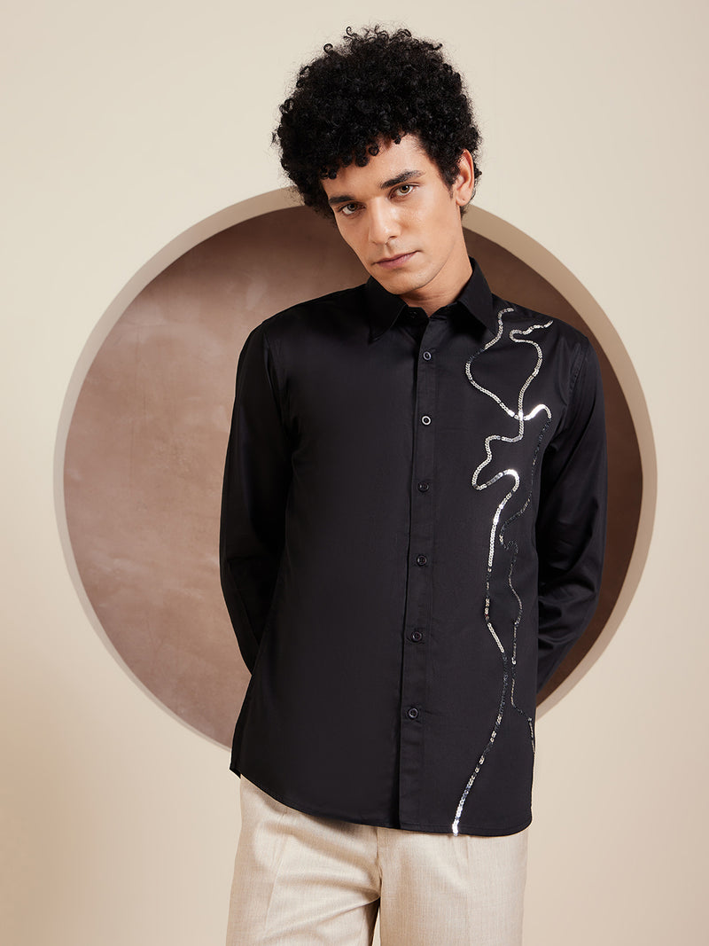 Black: Full Sleeves Sequened Cotton Party Shirt