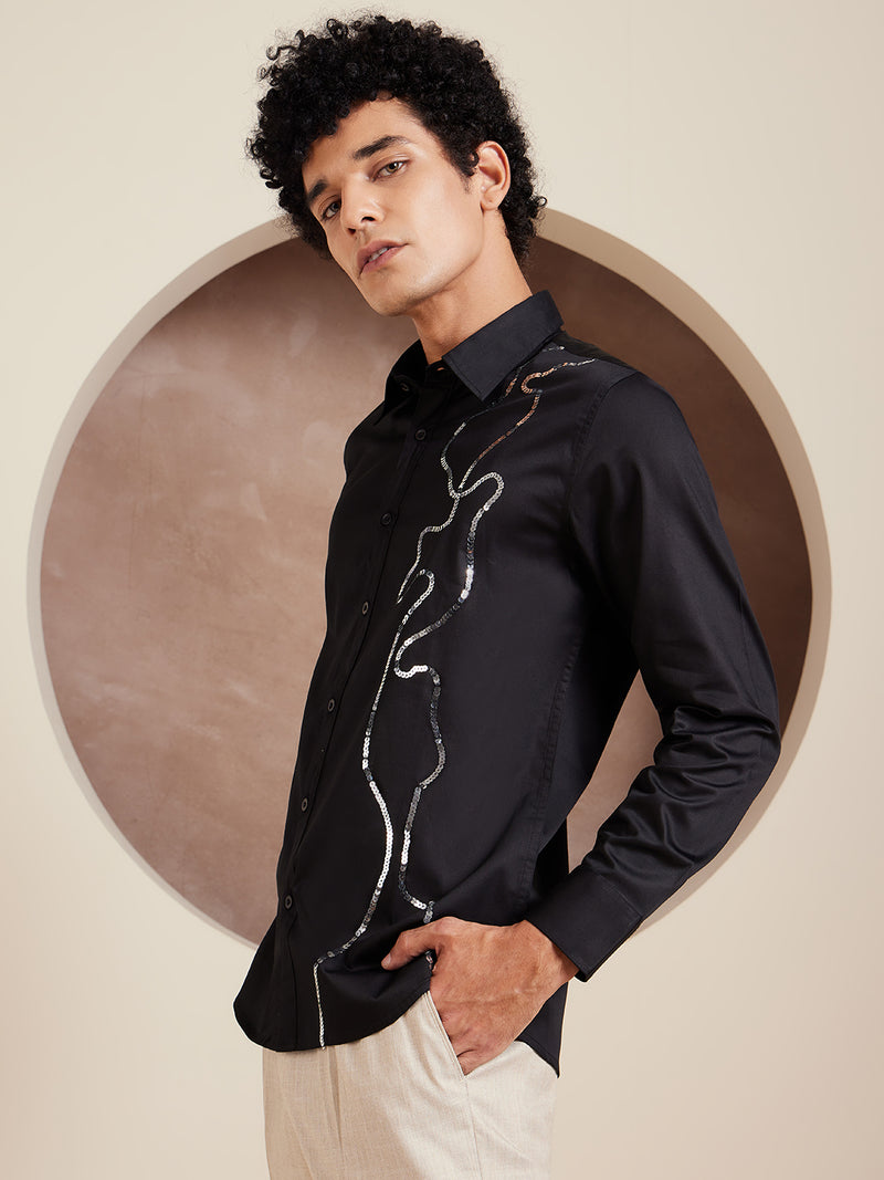 Black: Full Sleeves Sequened Cotton Party Shirt