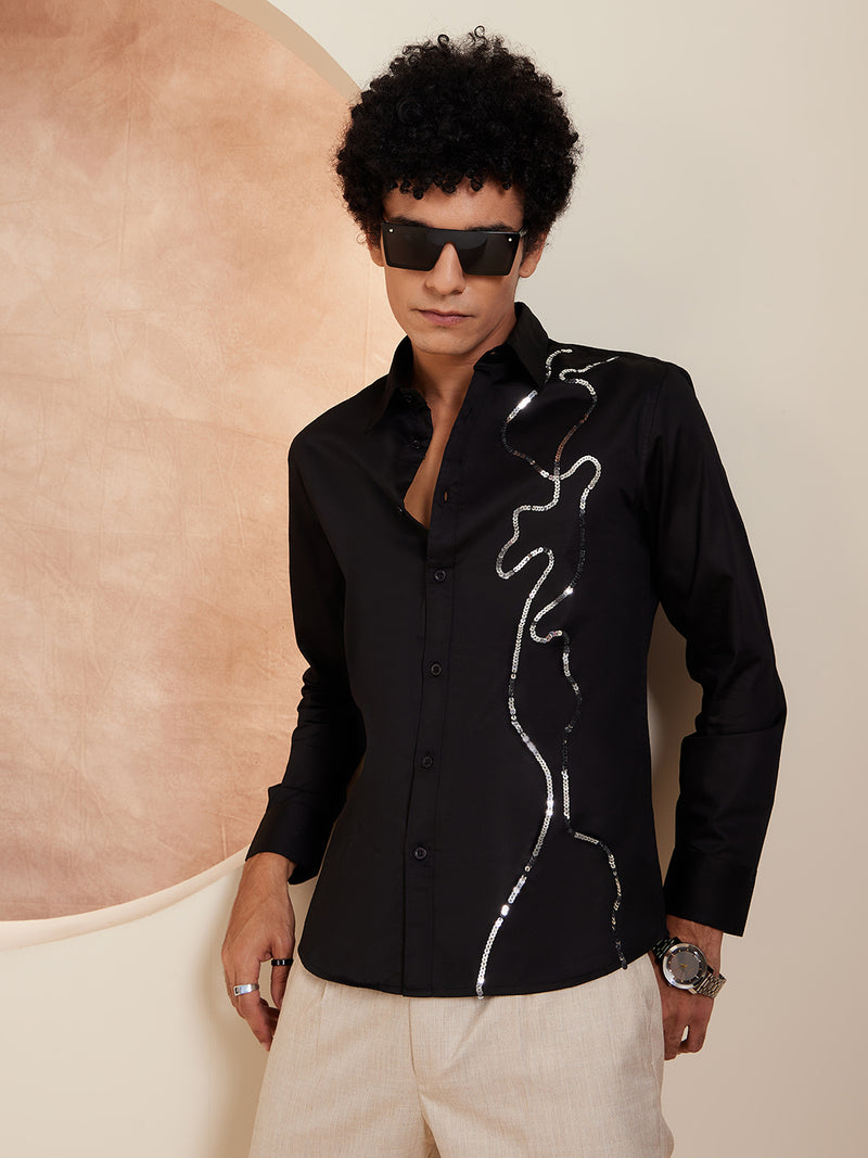 Black: Full Sleeves Sequened Cotton Party Shirt