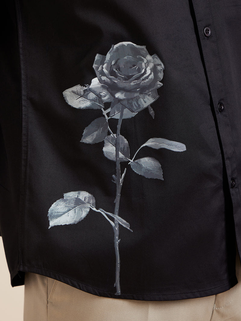 Black: Full Sleeves Floral Printed Spread Collar Cotton Shirt