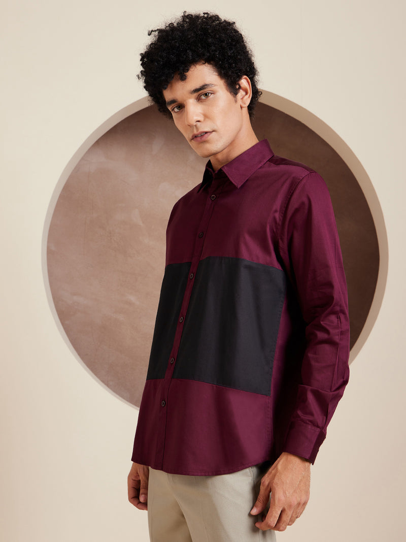 Maroon & Black: Full Sleeves Cotton Casual Shirt