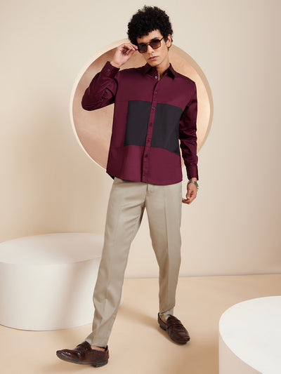 Maroon & Black: Full Sleeves Cotton Casual Shirt