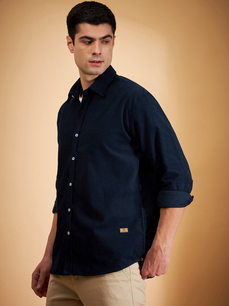 DENNISON Men Navy Blue Corduroy Weave Oversized Shirt
