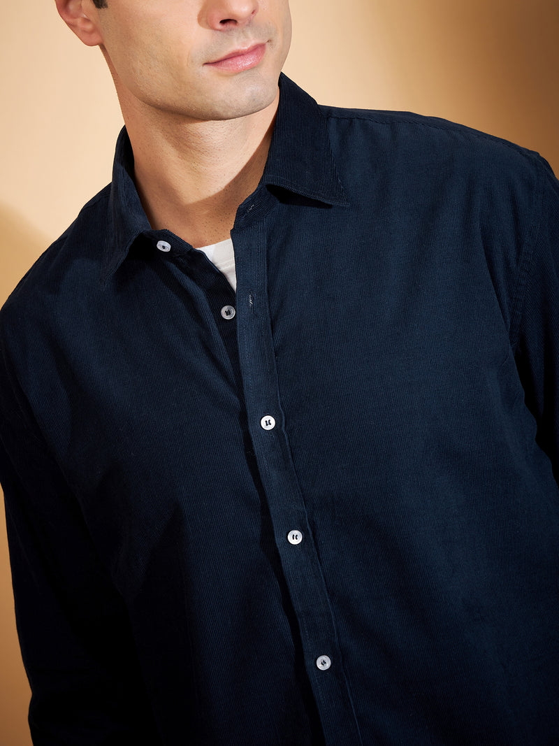 DENNISON Men Navy Blue Corduroy Weave Oversized Shirt