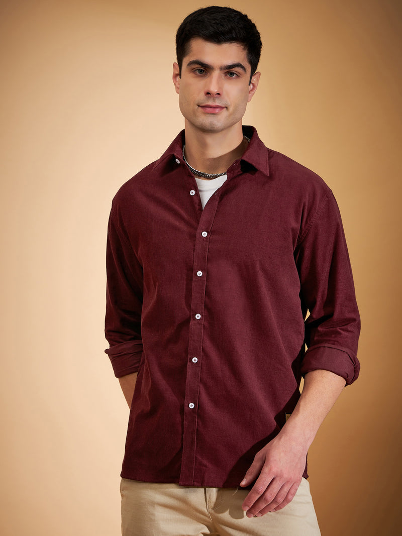 DENNISON Men Maroon Corduroy Weave Oversized Shirt