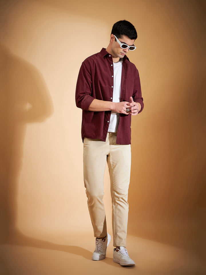 DENNISON Men Maroon Corduroy Weave Oversized Shirt