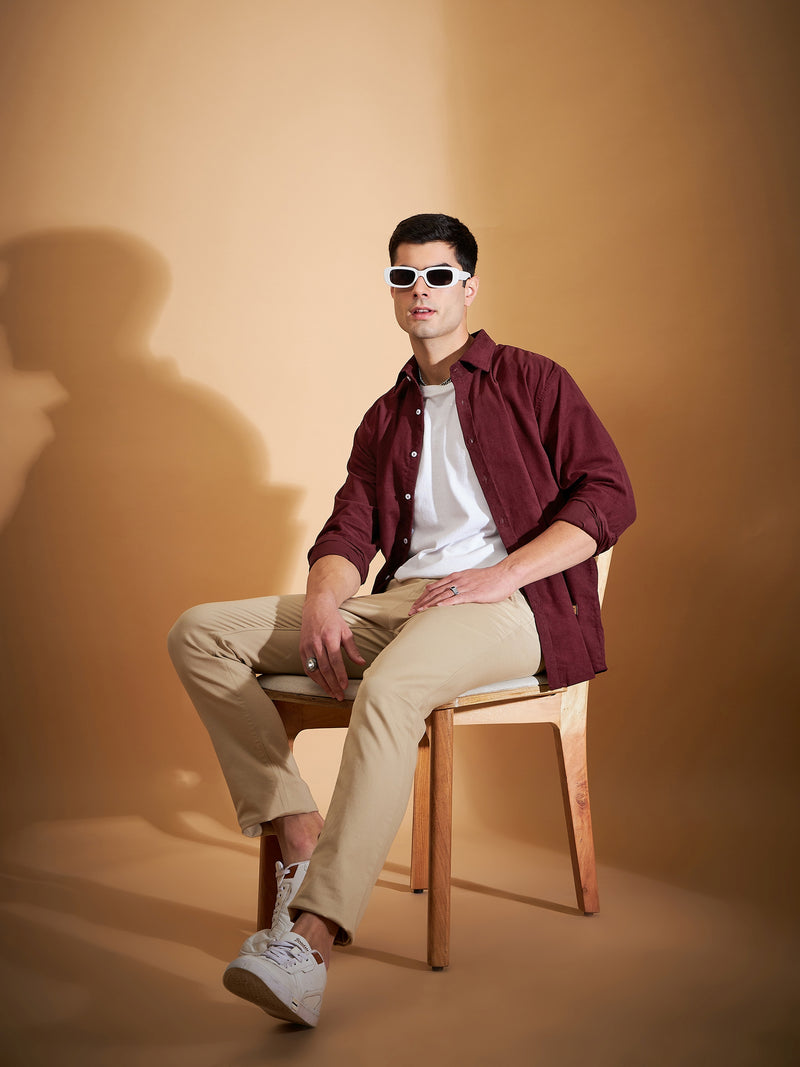 DENNISON Men Maroon Corduroy Weave Oversized Shirt
