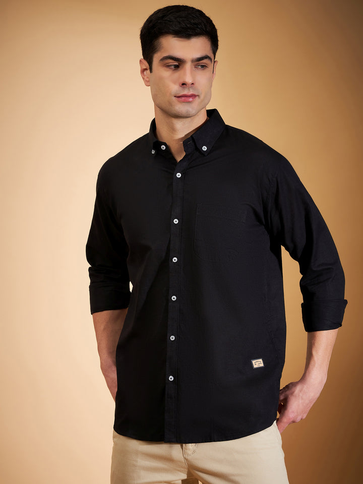 Men Black Smart Slim Fit Solid Twill Weave Cotton Linen Casual Shirt