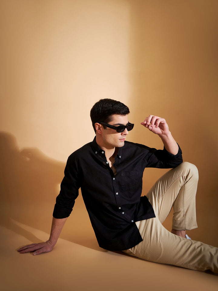 Men Black Smart Slim Fit Solid Twill Weave Cotton Linen Casual Shirt