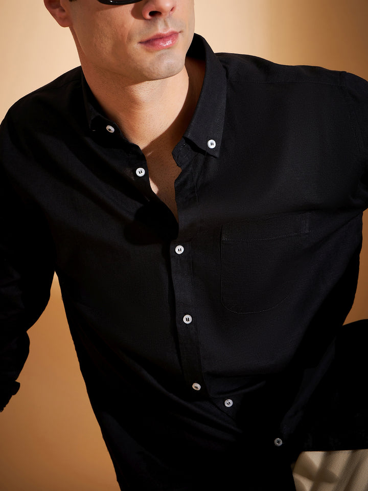 Men Black Smart Slim Fit Solid Twill Weave Cotton Linen Casual Shirt