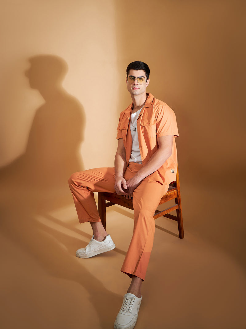 DENNISON Men Orange Coord Set | Solid Shirt With Straight Fit Pant