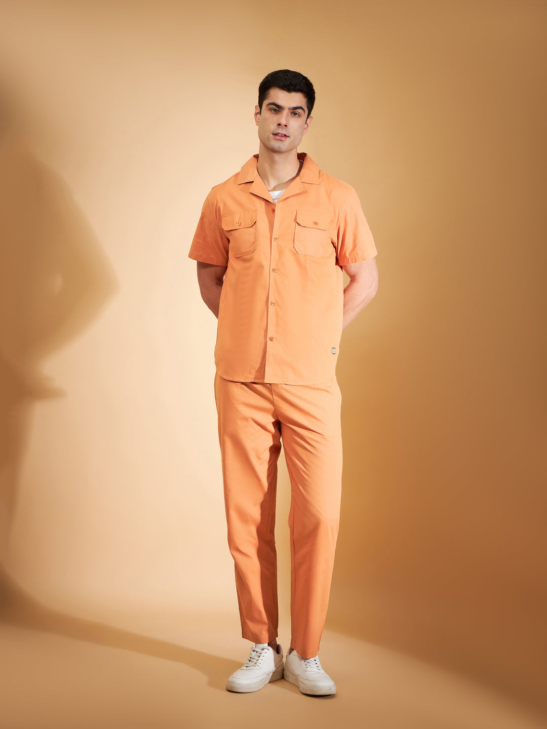 DENNISON Men Orange Coord Set | Solid Shirt With Straight Fit Pant